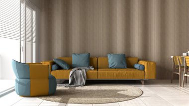 Sarı tonlarda modern oturma odası ve ahşap duvar detayları, yastıklı kanepe, koltuk, yuvarlak halı, sandalyeli yemek masası, eşyalar ve dekorlar. Mermer zemin, iç tasarım.