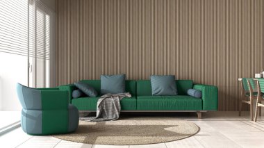 Turkuaz tonlarda modern oturma odası ve ahşap duvar detayları, yastıklı kanepe, koltuk, yuvarlak halı, sandalyeli yemek masası, aletler, dekorlar. Mermer zemin, iç tasarım.