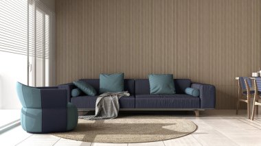 Mor tonlarda modern oturma odası ve ahşap duvar detayları, yastıklı kanepe, koltuk, yuvarlak halı, sandalyeli yemek masası, eşyalar ve dekorlar. Mermer zemin, iç tasarım.