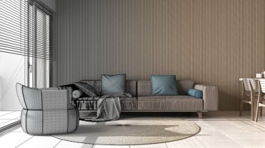 Mimar iç mimar konsepti: Tamamlanmamış proje gerçek, ahşap duvarları, kanepesi, koltuğu, halısı, yemek masası, sandalyeleri olan modern oturma odası haline geliyor. Mermer zemin, tasarım