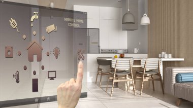 Akıllı ev kontrol konsepti, mobil uygulamadan el kontrollü dijital arayüz. Klasik beyaz mutfak, oturma odası, ada, sandalye, mimari tasarım