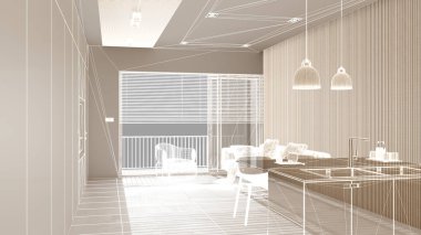 Beyaz duvarları ve herringbone parke ahşap zemin, özel mimari tasarım projesi, beyaz mürekkep çizimi, modern oturma odasını gösteren plan, mimari