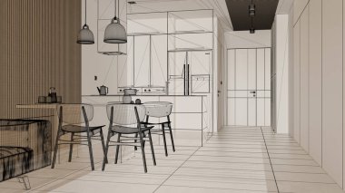 Beyaz duvarları ve herringbone parke ahşap zemin, özel mimari tasarım projesi, siyah mürekkep çizimi, modern oturma odasını gösteren plan, mimari