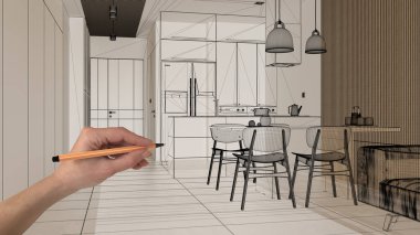 Mermer döşemeli boş beyaz döşeme, el çizimi özel mimari tasarım, siyah mürekkep çizimi, modern oturma ve yemek odasını gösteren plan, konsept, model, fikir