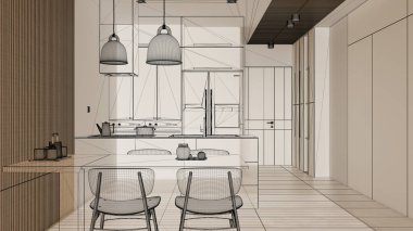 Beyaz duvarları ve herringbone parke ahşap zemin, özel mimari tasarım projesi, siyah mürekkep çizimi, modern mutfağı ve mimariyi gösteren plan.