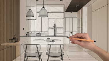 Mermer döşemeli boş beyaz döşeme, el çizimi özel mimari tasarım, siyah mürekkep çizimi, modern oturma ve yemek odasını gösteren plan, konsept, model, fikir