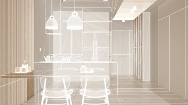 Beyaz duvarları ve herringbone parke ahşap zemin, özel mimari tasarım projesi, beyaz mürekkep çizimi, modern mutfağı ve mimariyi gösteren plan.