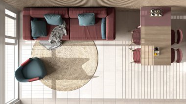 Kırmızı tonlu modern oturma odası ve ahşap duvar detayları, kanepe, sandalyeli yemek masası, adalı mutfak ve aletler. Mermer zemin, iç tasarım, üst görünüm, yukarıdaki plan