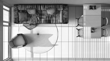 Tamamlanmamış proje taslağı, kanepeli modern oturma odası sandalyeli yemek masası, adalı mutfak ve aletler. Mermer zemin, iç tasarım, üst görünüm, plan, yukarıda