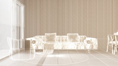 Beyaz duvarları ve herringbone parke ahşap zemin, özel mimari tasarım projesi, beyaz mürekkep çizimi, modern oturma odasını gösteren plan, mimari