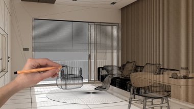 Mermer döşemeli boş beyaz döşeme, el çizimi özel mimari tasarım, siyah mürekkep çizimi, modern oturma ve yemek odasını gösteren plan, konsept, model, fikir