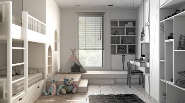 Mimari iç mimar konsepti: tamamlanmamış proje gerçek, minimalist çocuk odası, parke döşeme, ranza, oyuncak ve dekorlu dolaplar, tasarım fikri