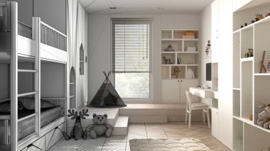 Mimari iç mimar konsepti: tamamlanmamış proje gerçek, minimalist çocuk odası, parke döşeme, ranza, oyuncak ve dekorlu dolaplar, tasarım fikri