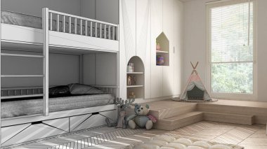 Mimari iç mimar konsepti: tamamlanmamış proje gerçek, minimalist çocuk odası, parke döşeme, ranza, oyuncak ve dekorlu dolaplar, tasarım fikri