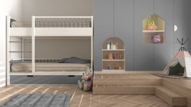 Modern minimalist çocuklar için gri pastel renkte yatak odası, ringa kemiği parke döşeme, ranza, oyuncaklı dolaplar, kuklalar ve dekorlar, yumuşak halı, çadır, iç tasarım fikri