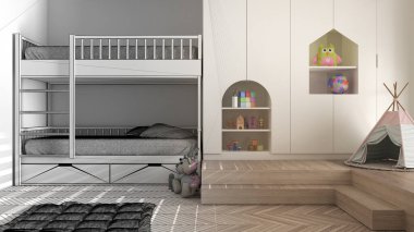 Mimari iç mimar konsepti: tamamlanmamış proje gerçek, minimalist çocuk odası, parke döşeme, ranza, oyuncak ve dekorlu dolaplar, tasarım fikri