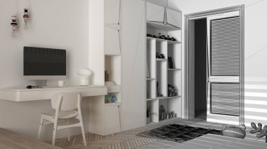 Mimari iç mimar konsepti: tamamlanmamış proje gerçek, minimalist çocuk odası, parke zemin, masa, sandalye, oyuncaklı dolaplar, tasarım fikri