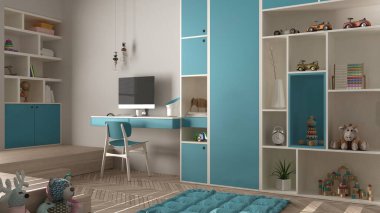 Modern minimalist çocukların yatak odası mavi pastel tonlarda, ringa kemiği parke zemininde, masaüstü masasında oyuncaklar ve dekorlar, yumuşak halı, iç tasarım fikri