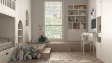 Modern minimalist çocuklar için beyaz pastel renkte yatak odası, ringa kemiği parke döşeme, ranza, oyuncaklı dolaplar, kuklalar ve dekorlar, yumuşak halı, çadır, iç tasarım fikri