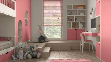 Modern minimalist çocukların yatak odası pembe pastel tonlarda, ringa kemiği parke zemininde, ranzada, oyuncak, kukla ve dekorlu dolaplarda, yumuşak halı, çadır, iç tasarım fikri