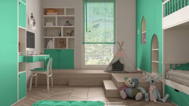 Modern minimalist çocukların yatak odası turkuaz renkte, parke zemin, ranza, oyuncak, kukla ve dekorlu dolaplar, yumuşak halı, çadır, iç tasarım fikri