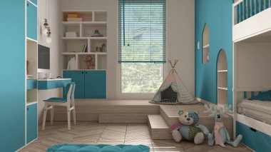 Modern minimalist çocukların yatak odası mavi pastel tonlarda, ringa kemiği parke zemininde, ranzada, oyuncak, kukla ve dekorlu dolaplarda, yumuşak halı, çadır, iç dizayn fikri