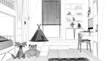 Modern minimalist çocukların yatak odası, ringa kemiği parke döşemesi, ranza, oyuncaklı dolaplar, kuklalar ve dekorlar, halı, çadır, iç dizayn fikri.