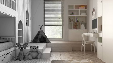 Mimari iç mimar konsepti: tamamlanmamış proje gerçek, minimalist çocuk odası, parke döşeme, ranza, oyuncak ve dekorlu dolaplar, tasarım fikri