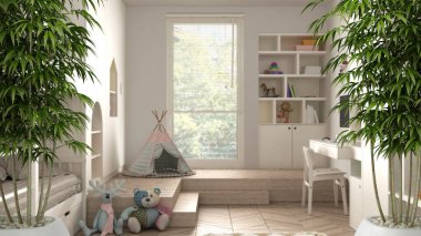 Zen iç döşeme, saksı bambu bitkisi, doğal iç tasarım konsepti, modern minimalist çocukların yatak odası, meşe parke döşeme, ranza, oyuncaklı dolap, iç dizayn fikri