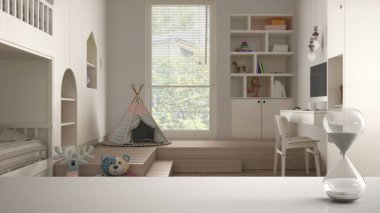 Beyaz masa ya da raf kristal kum saati ile modern beyaz çocukların yatak odasının üzerinde panoramik pencere, mimari iç tasarım, kopyalama alanı arkaplan