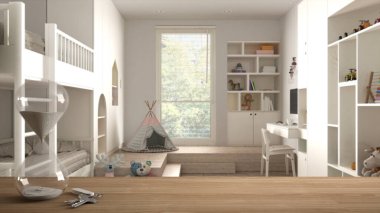 Ahşap masa, masa ya da raf kristal modern kum saati ile çocukların yatak odası, iç tasarım, fotokopi alanı arkaplanı üzerine bir geri sayıma kadar geçen zamanı ölçüyor.