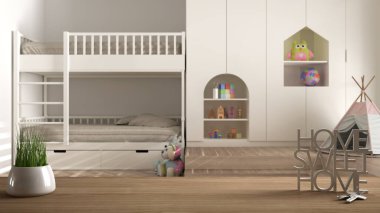 Ahşap masa, masa ya da raf, saksı bitkisi, ev anahtarı ve 3D harflerle modern çocukların yatak odası, iç tasarım, bulanık arkaplan