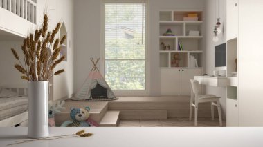 Beyaz masa üstünde ya da rafta pipetler, kuru bitkiler, süs, kulaklar, çarşaf, vazo dalı, modern çocukların üzerinde ranza ve oyuncaklarla dolu beyaz yatak odası, modern minimal iç tasarım