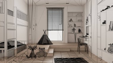 Beyaz duvarları ve herringbone parke ahşap zemin, özel mimari tasarım projesi, siyah mürekkep çizimi, çocukların yatak odasını ve mimarisini gösteren plan.