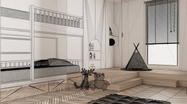 Beyaz duvarları ve herringbone parke ahşap zemin, özel mimari tasarım projesi, siyah mürekkep çizimi, çocukların yatak odasını ve mimarisini gösteren plan.