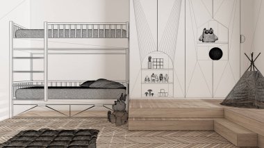 Beyaz duvarları ve herringbone parke ahşap zemin, özel mimari tasarım projesi, siyah mürekkep çizimi, çocukların yatak odasını ve mimarisini gösteren plan.