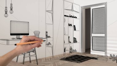 Ringbone meşe parke zeminli içi boş, el yapımı mimari tasarımı, siyah mürekkep çizimi, modern çocukların yatak odasını gösteren plan, konsept, model, fikir.