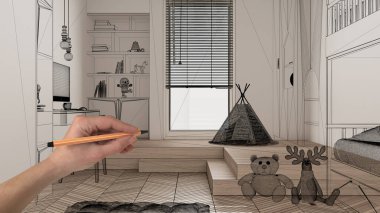 Ringbone meşe parke zeminli içi boş, el yapımı mimari tasarımı, siyah mürekkep çizimi, modern çocukların yatak odasını gösteren plan, konsept, model, fikir.