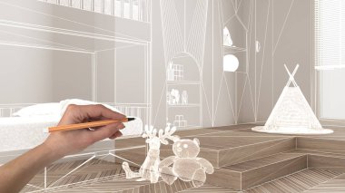 Herringbone meşe parke zeminli içi boş, el yapımı mimari tasarımı, beyaz mürekkep çizimi, modern çocukların yatak odasını gösteren plan, konsept, model, fikir.
