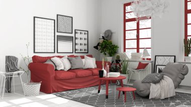 Beyaz ve kırmızı tonlarda İskandinav açık alanı, kanepeli oturma odası, kahve masaları, koltuk, yastıklar, halı, dekorlar ve saksı bitkileri, parke döşeme, modern iç tasarım