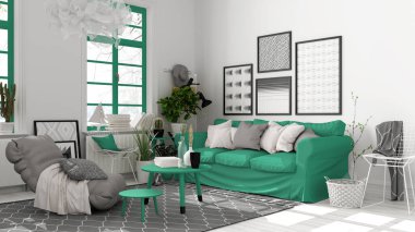 Beyaz ve turkuaz tonlarda İskandinav açık alanı, kanepeli oturma odası, sehpa, koltuk, yastık, halı, dekorlar ve saksı bitkileri, parke döşeme, modern iç tasarım