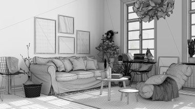 Bitmemiş İskandinav açık alanı oturma odası kanepe, sehpa, koltuk, yastık, halı, dekorasyon ve saksı bitkileri, parke döşeme, modern iç tasarım