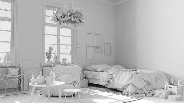 Tamamen beyaz İskandinav açık alanı, çift yatak ve dekorlu yatak odası, kahve masaları, koltuk, halı, dekorasyon ve saksı bitkileri, parke döşeme, modern iç tasarım