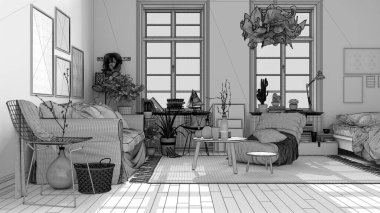 Bitmemiş İskandinav açık alanı oturma odası kanepe, sehpa, koltuk, yastık, halı, dekorasyon ve saksı bitkileri, parke döşeme, modern iç tasarım