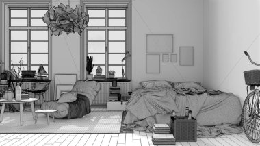 Bitmemiş İskandinav açık alanı, çift yatak ve dekorlu yatak odası, kahve masaları, koltuk, halı, dekorasyon ve bitkiler, parke döşeme, modern iç tasarım