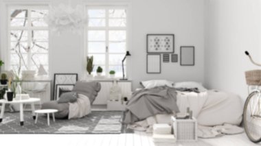 Arka plan bulanık tasarım, İskandinav açık alanı, çift yataklı ve dekorlu yatak odası, kahve masaları, koltuk, halı, dekorlar ve bitkiler, parke zemin