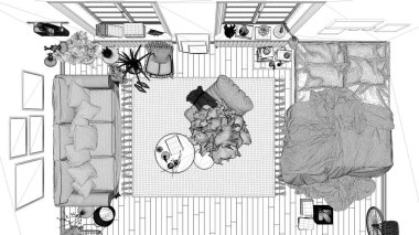 İskandinav açık alanı, oturma odası ve yatak odası, kanepe ve yatak odası, sehpa, halı, parke döşeme, modern iç tasarım, plan, üst manzara taslağı.