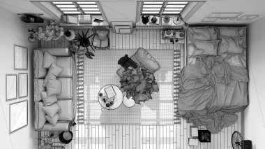 Bitmemiş İskandinav açık alanı oturma odası ve yatak odası, kanepe ve yatak odası, sehpa, halı, parke döşeme, modern iç tasarım, plan, üst manzara