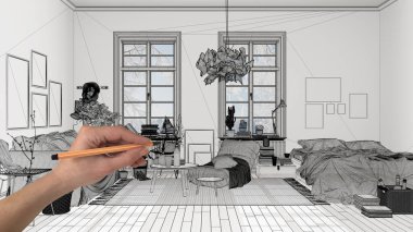 Mermer döşemeli boş beyaz döşeme, el yapımı mimari tasarım, siyah mürekkep çizimi, modern oturma odası ve yatak odasını gösteren plan, konsept, model, fikir.