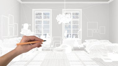 Mermer döşemeli boş beyaz döşeme, el çizimi özel mimari tasarım, beyaz mürekkep çizimi, modern oturma odası ve yatak odasını gösteren plan, konsept, model, fikir